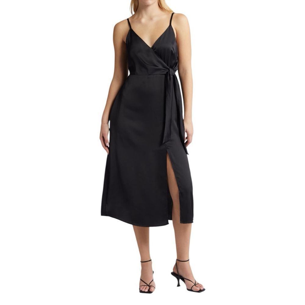 CHELSEA28 Side Tie Satin Dress in Black Size Small NEW
